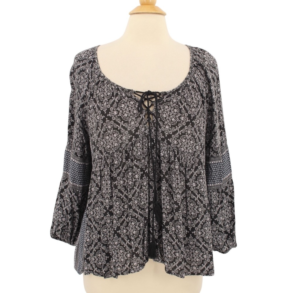 American Eagle Peasant Blouse Medium Black Floral Bohemian Hippie